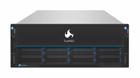 A black and silver TrueNAS rack-mounted server with multiple drive bays and a white logo.