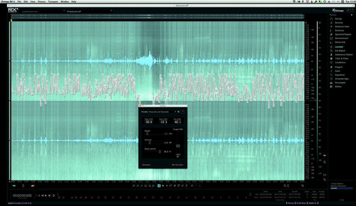 A computer screen displaying a complex teal and blue audio waveform spectrogram within a software interface.