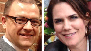 A split image showing a smiling man with glasses on the left and a smiling woman on the right.