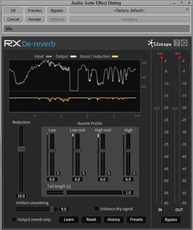 Digital interface of RX De-reverb audio software showing waveform displays and various control sliders.