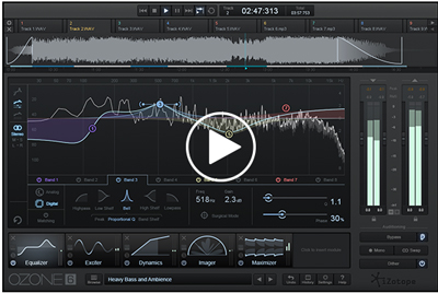 Digital audio workstation interface displaying a frequency spectrum, waveform, and various mastering controls.