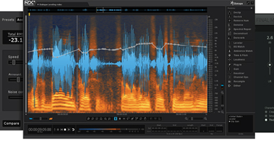 Digital audio workstation interface displaying a blue waveform over an orange spectrogram.