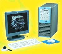 A desktop computer with a monitor showing a car engine, a tower, a keyboard, and a mouse on a yellow background.