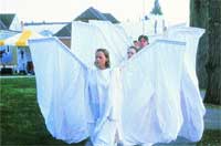 People wearing white outfits with large, translucent white wing-like fabric structures outdoors.