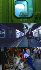 A view through a train window, a man walking on a subway platform, and people gathered around a fallen object.