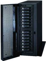 An open black server rack containing multiple stacked hardware modules.