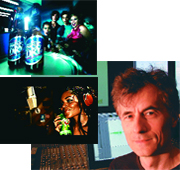 A collage featuring a group at a party, a woman with a strawberry, and a man's portrait.