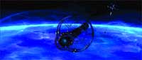 A dark, ringed spacecraft orbiting a bright blue planet in deep space.