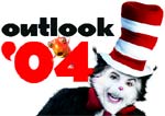 Outlook '04 text logo next to a person dressed as the Cat in the Hat.
