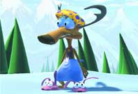 A cartoon dog in a yellow hat and blue apron stands among green trees in a snowy landscape.