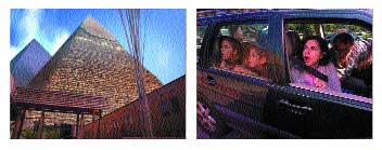 Split view: the Pyramids of Giza under a blue sky and people looking out of a car window.