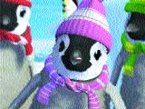 Three penguins wearing colorful knit hats and scarves in a snowy setting.
