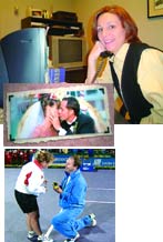 A woman smiling at a computer, a wedding kiss, and a man proposing on one knee.