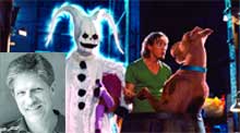 Collage of a person in a white mask, a man with a large dog, and a black and white portrait of a man.