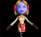 3D character with a purple face, blonde hair, red headphones, and a tan body wearing a red belt.