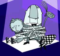 Stylized cartoon of two figures wrapped tightly in white bandages against a purple background.
