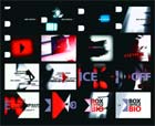 A collage of abstract graphic designs, logos, and text elements in red, white, and blue on a black background.