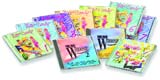 A pile of various colorful books or media cases with bright, abstract illustrations and text.