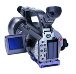 Rear view of a black professional video camcorder with an open LCD screen and eyepiece.