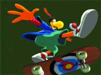 A cartoon bird character in a blue shirt and green pants performing a trick on a skateboard.