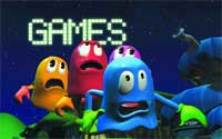 Four colorful, expressive ghost-like characters with wide eyes stand under the word GAMES in a pixelated font.