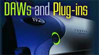 Text reading 'DAWs and Plug-ins' overlaid on a close-up of blue and silver audio interface hardware.