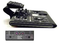 A black electronic control console with various buttons, sliders, and knobs, shown from two angles.