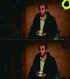 A man in a dark jacket holds a small white cup against a brown background in two sequential frames.