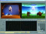 Split screen of a white animal model in a studio and a field, above a black data graph.