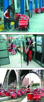 A woman plays drums on a subway platform, a man plays guitar in a train car, and drums sit under an elevated track.