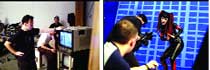 A split image showing a crew working with monitors and a person in costume being filmed.