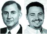 Black and white side-by-side headshots of an older man in a suit and a younger man with a mustache.