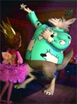 An anthropomorphic wolf in a teal shirt dances next to a girl wearing a pink tutu and a gold crown.