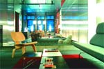 A modern living room with metallic walls, a wooden chair, and blue-tinted windows in the background.