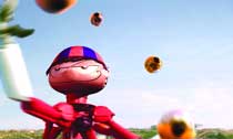 A red character in a blue and red cap looks up at several small, round objects floating in a blue sky.