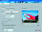 Software interface showing input controls, a video player with a person in red, and a status window.