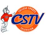 Logo for CSTV featuring an orange circle and a white cartoon unicorn mascot in a red shirt.