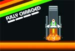 Graphic with diagonal rainbow stripes, the text 'FULLY CHARGED', and a rocket launching with orange flames.