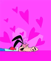 Cartoon character lying on its back with eyes closed, surrounded by floating pink hearts on a pink background.