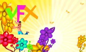 Colorful letters VFX over a bright yellow background with large flowers and butterflies.
