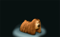 A cartoon long-haired brown dog sitting in a single spotlight against a black background.