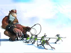 A large brown ape-like creature holds a lasso connected to several small, thin creatures on a white surface.