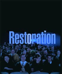 Movie poster for Restoration featuring a crowd of people sitting in a dark theater under the title text.