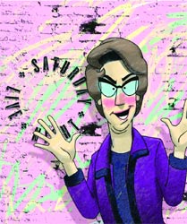 Cartoon of a person with brown hair and glasses wearing a purple jacket against a pink brick background.
