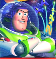 Buzz Lightyear in his space suit against a starry background with floating numbers.