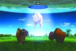 A glowing beam from a UFO lifts a white cow into the air above two bison in a green field.