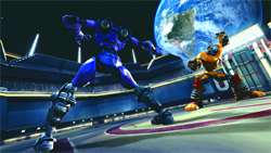 A large blue robot and an orange robot face each other in a stadium under a large blue planet.
