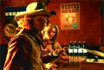A man in a cowboy hat and vest looks toward the camera in a dimly lit room with a woman in the background.