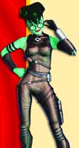 A green-skinned woman with black hair and glasses wearing a black bodysuit and gloves.