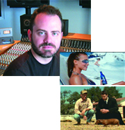 A collage featuring a man in a studio, a woman smiling by a pool, and two men with a small dog.